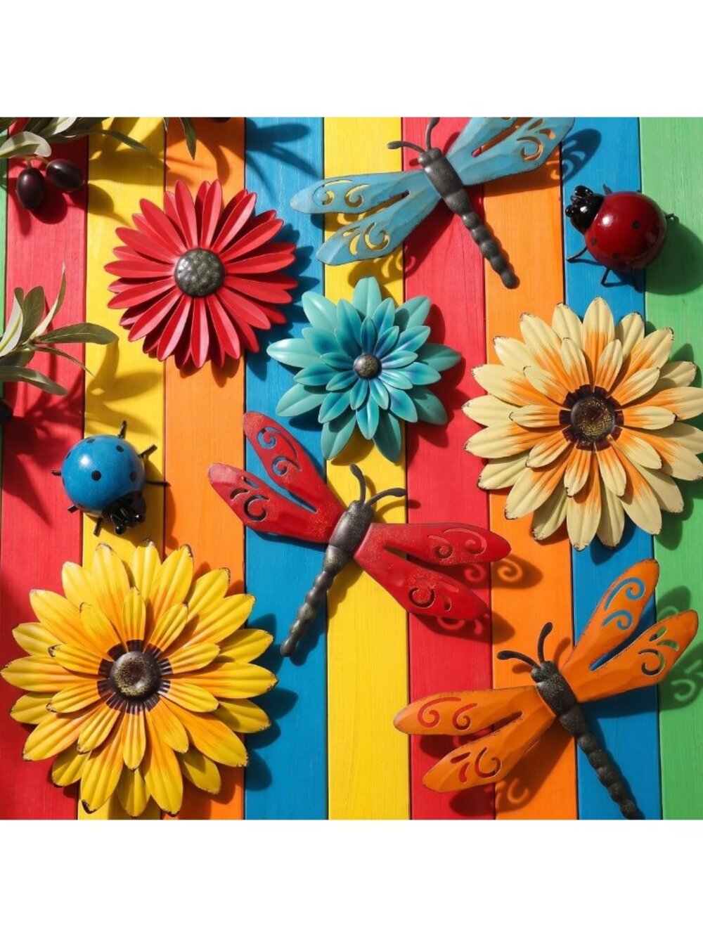 9-Piece 3D Metal Wall Art Decor - Colorful Sunflower & Flower Set for Outdoor